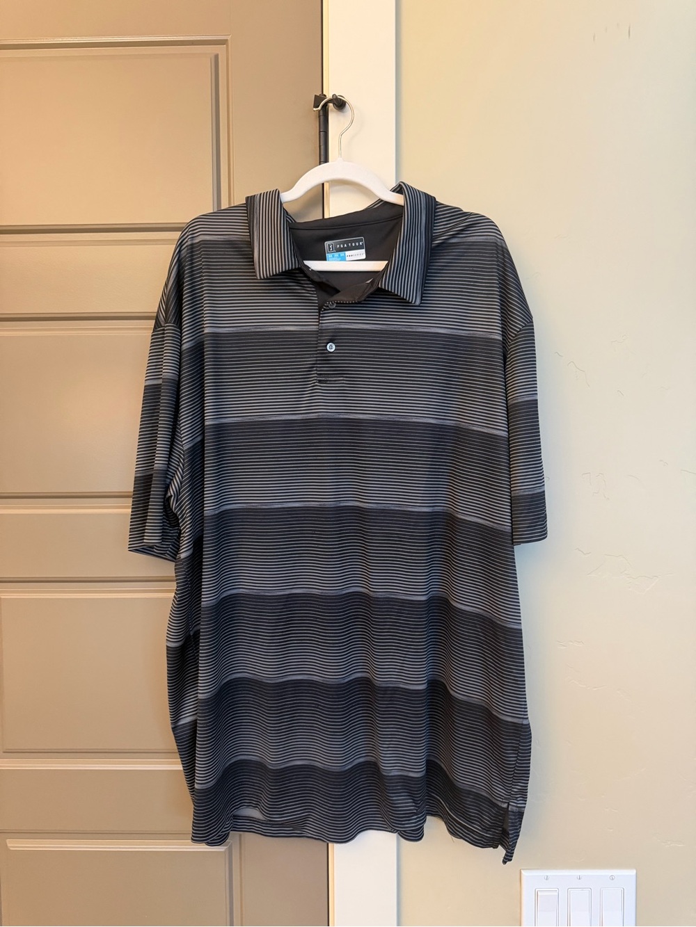 PGA Tour Men’s Black and Gray Striped Polo